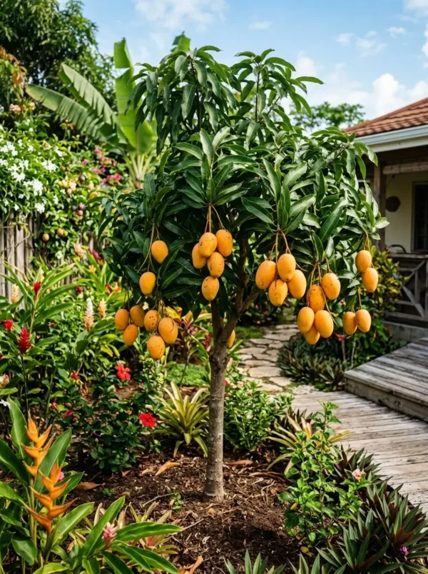 Dwarf mango tree growing in garden with ripe mango fruits on branches