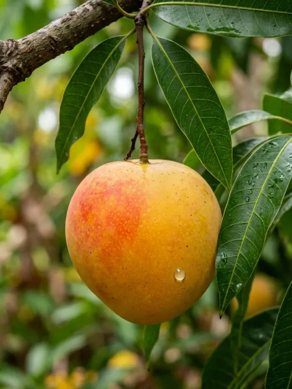 Close-up of round Maya mango plant with fruit on the tree branch with golden-orange blushed skin