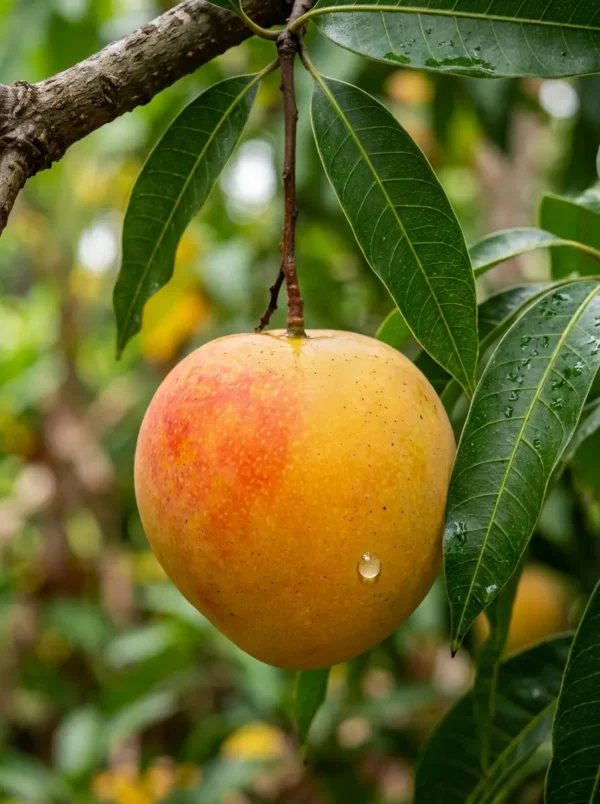 Close-up of round Maya mango plant with fruit on the tree branch with golden-orange blushed skin