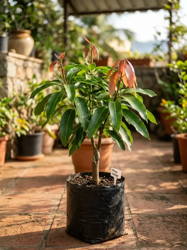 Grafted Maya mango plant growing in a black nursery container outdoors