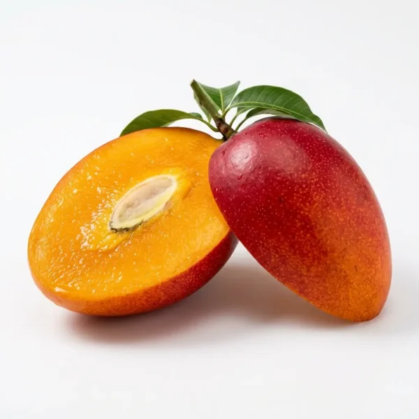 Miyazaki mango sliced in half showing deep orange fiberless flesh and ruby-red skin