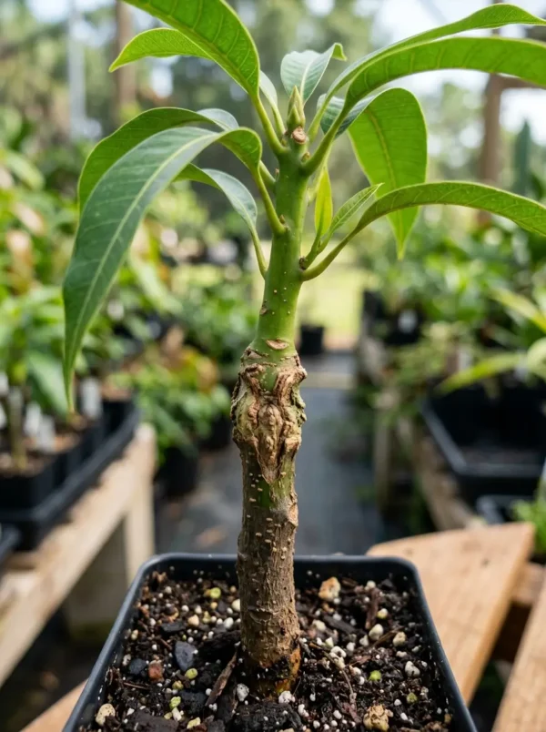 Grafted Miyazaki Mango plant in a large terracotta pot on a sunny home terrace