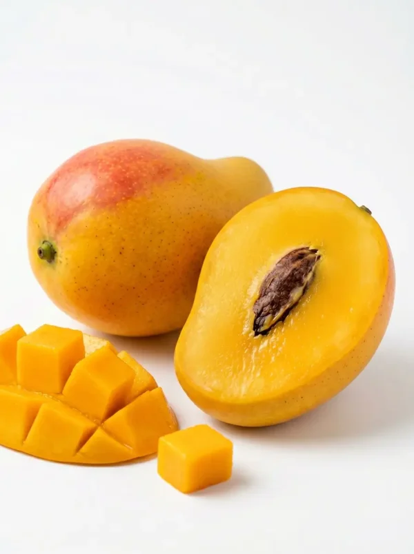 Ripe mango fruit with one whole fruit and sliced pieces showing juicy yellow flesh
