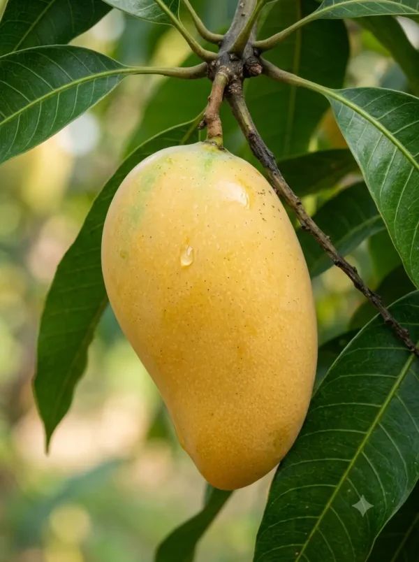 Close-up of golden-yellow Kohitur mango fruit on the branch