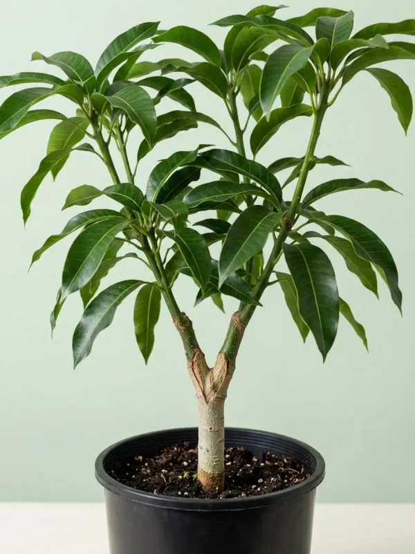 Grafted Valencia Pride mango tree growing in a nursery pot, ready to plant
