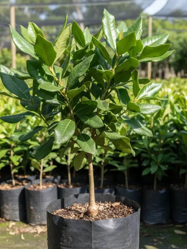 Grafted macadamia nut plants in a nursery bag, about two feet tall