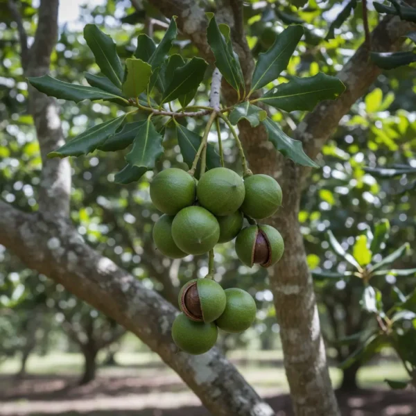 macadamia-tree-nuts-on-branch Macadamia nuts hanging in clusters on a mature tree